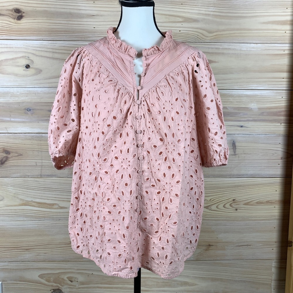 PrettyGarden Blouse Women XL Pink Eyelet Ruffle Puff Sleeve Cotton Top Cottage